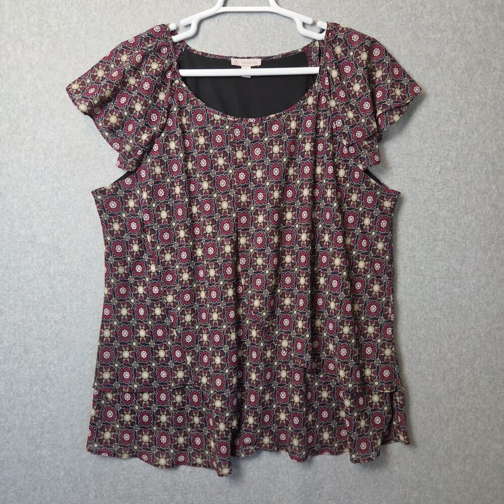 CB Established 1962 Burgundy Medallion Tulip Sleeve Blouse Women's Plus 3X